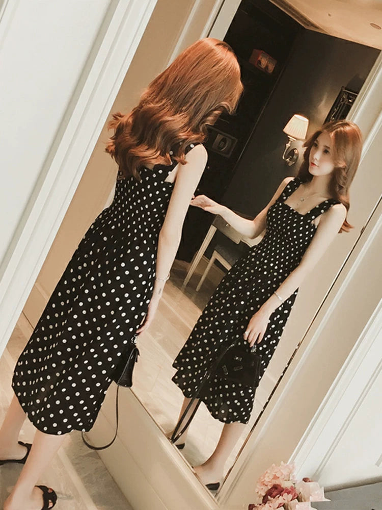 Robe Longue Vintage Pois Bretelles 5XL — Volantée, Soyeuse, Sexy Plage Été