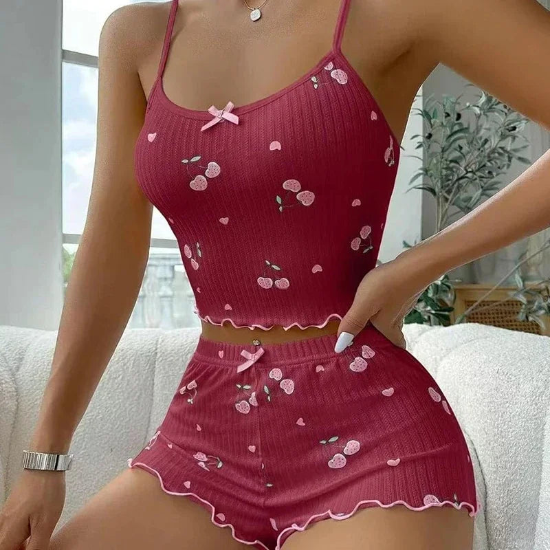 Pyjama Femme Été Imprimé Cœur — Top Cami Dos Nu & Short, Sexy Lounge