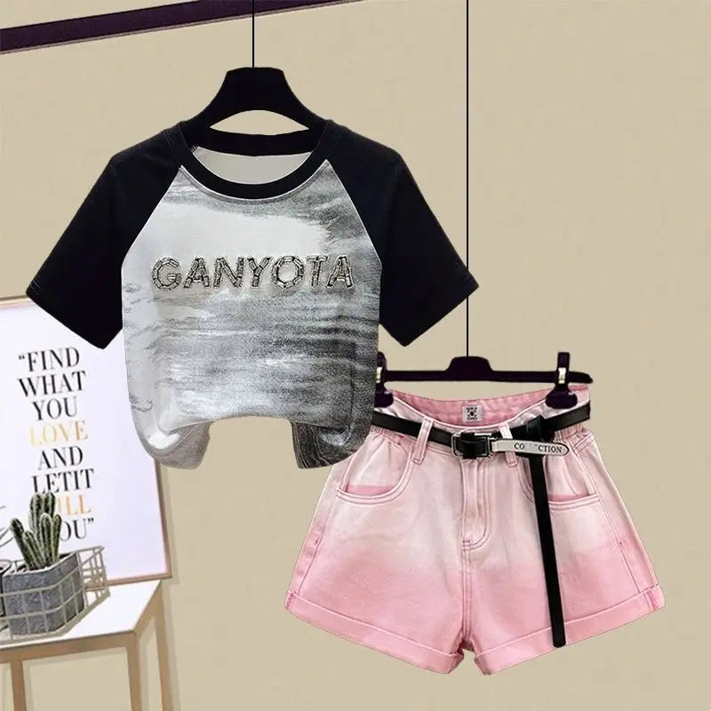 Ensemble 2 pièces filles ado – T-shirt manches courtes & short imprimé lettres, tenue été tendance