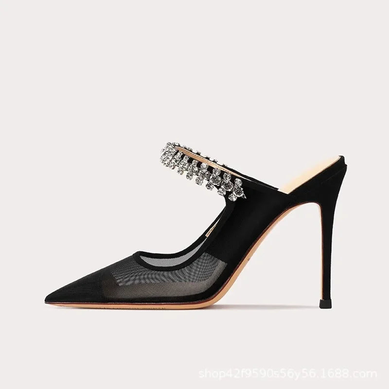 Mules Femme Diamant Filet Bout Fermé 2024 — Talon Fin, Noir, Été Sexy