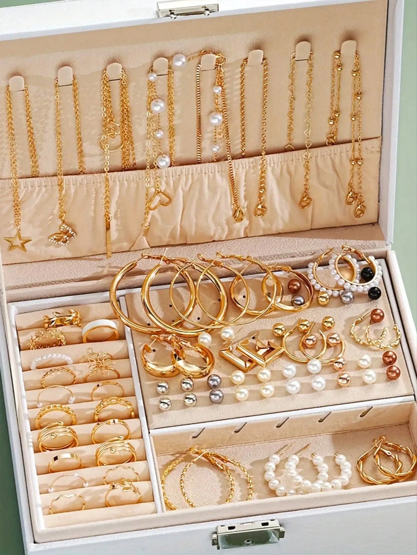Parure Bijoux Femme 86 Pièces — Boucles Perle, Collier Multi-Rangs, Bagues & Clous