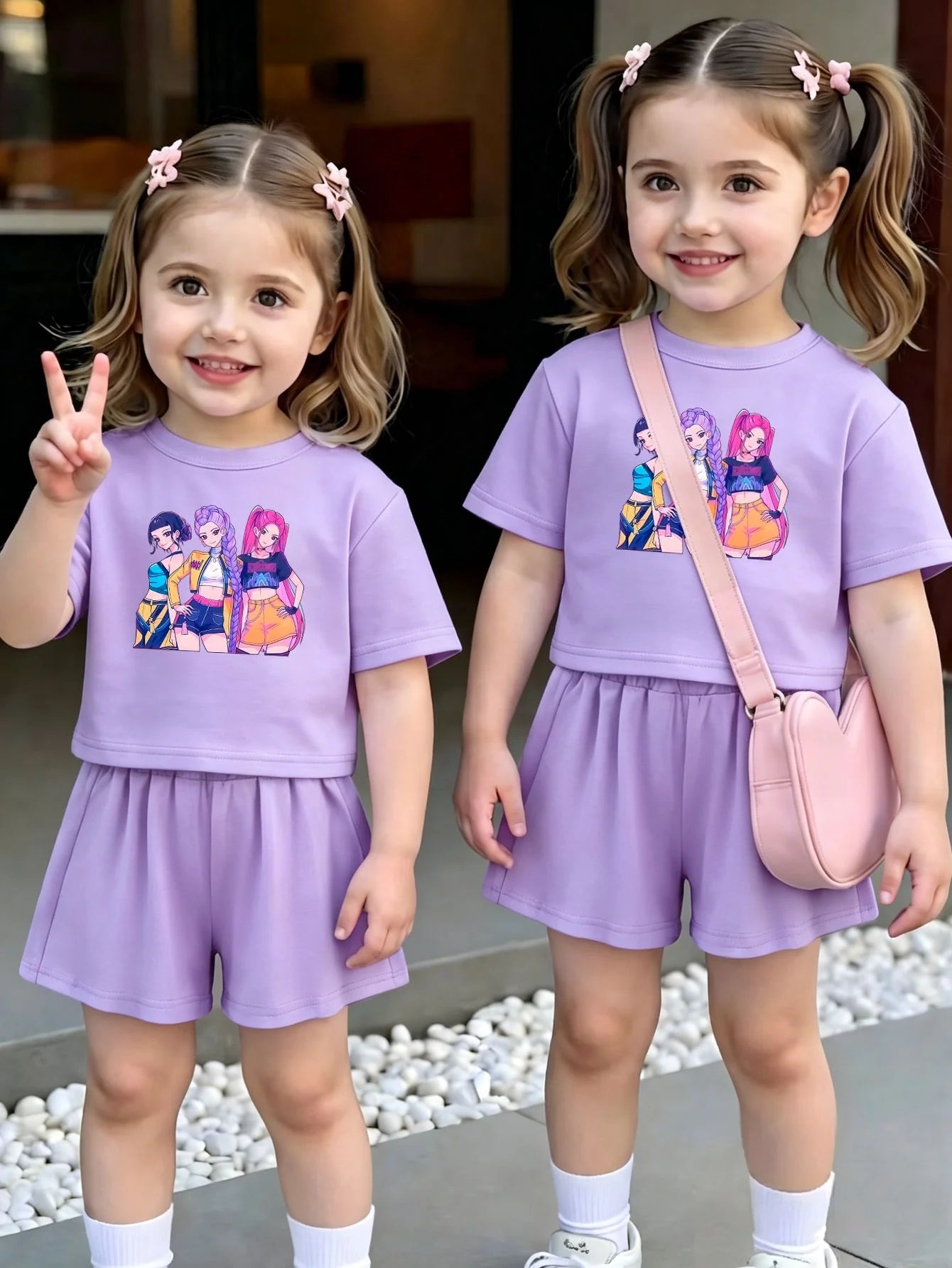 Ensemble 2 pièces filles – T-shirt imprimé cartoon & short à volants, jogging été 1-7 ans