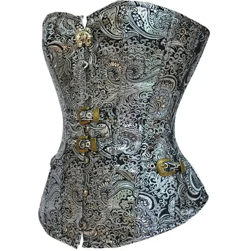 Corset Overbust Burlesque Gothique pour Femme – Style Steampunk Jacquard