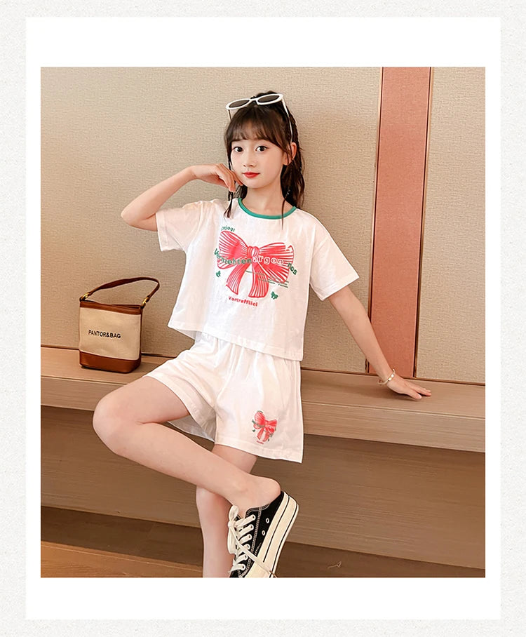 Ensemble 2 pièces filles – T-shirt imprimé nœud manches courtes & short sport, tenue été 2025