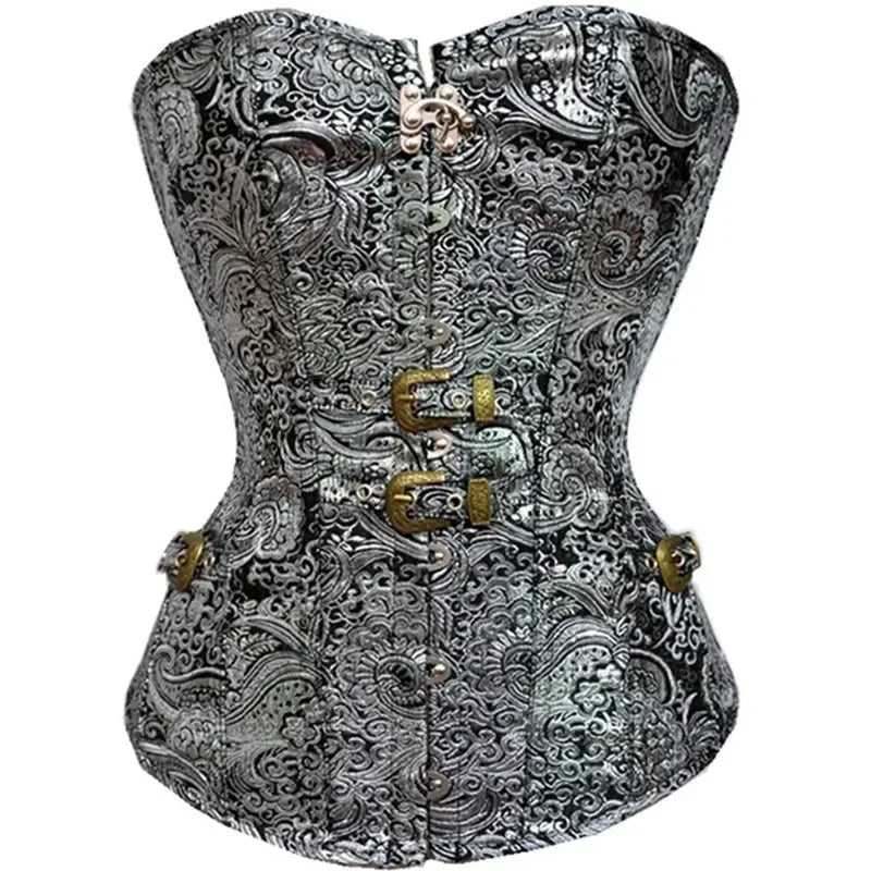 Corset Overbust Burlesque Gothique pour Femme – Style Steampunk Jacquard