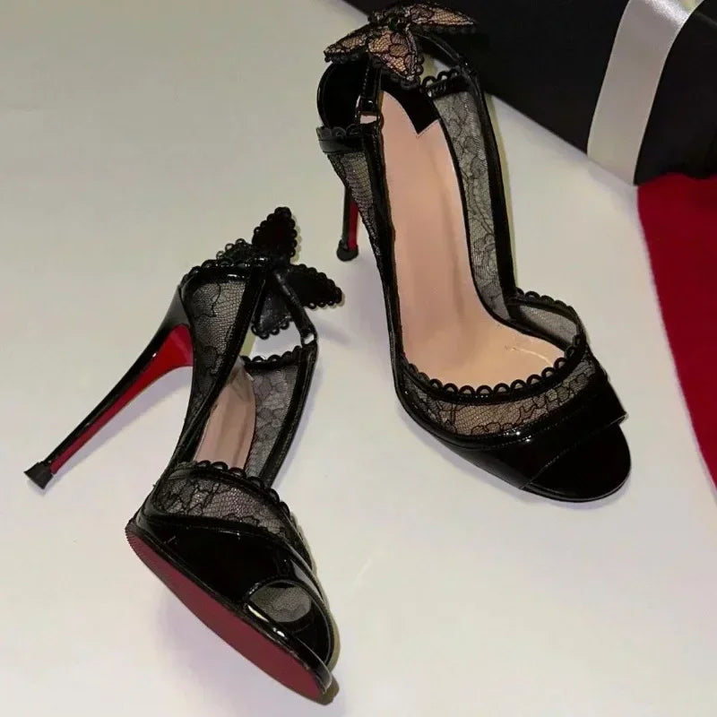 Sandales Femme Dentelle Nœud Talon Fin — Bout Ouvert, Sexy, Soirée & Banquet
