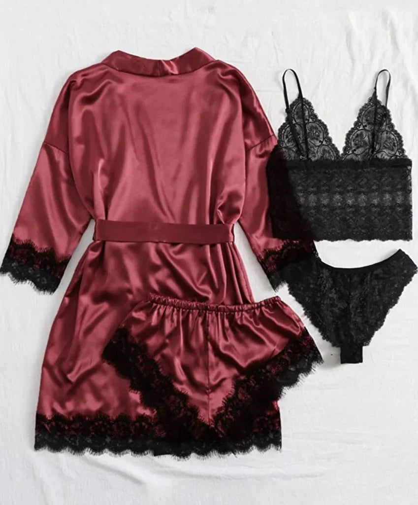 Ensemble Lingerie Femme 4 Pièces Dentelle — Nuisette, Short, Robe de Chambre, Sexy