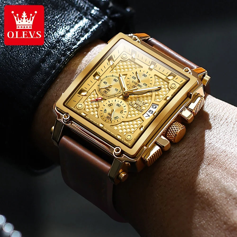 Montre Homme OLEVS Carrée Luxe Quartz — Étanche, Lumineux, Chronographe, Relogio