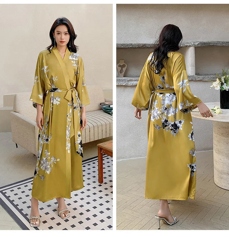 Robe de Chambre Femme Style Chinois Satin — Kimono Imprimé, Manches Mi-Longues, Lounge