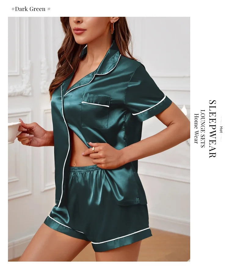 Pyjama Femme Satin Luxueux — 2 Pièces Manches Courtes, Col Chemise, Été
