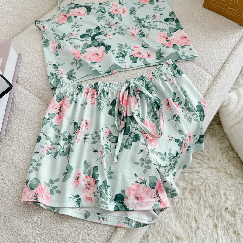 Pyjama Femme Soie Glacée Imprimé — Top Col Rond & Short, Respirant & Confortable