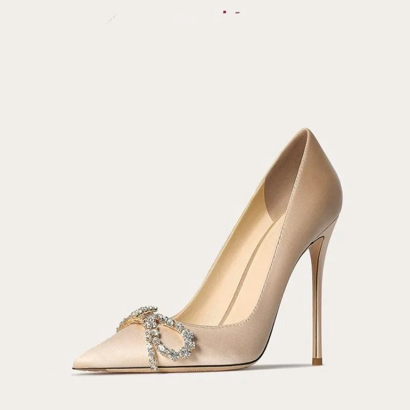 Escarpins Soie Strass Noeud Papillon Talon Fin — Bout Pointu, Banquet, Robe Femme