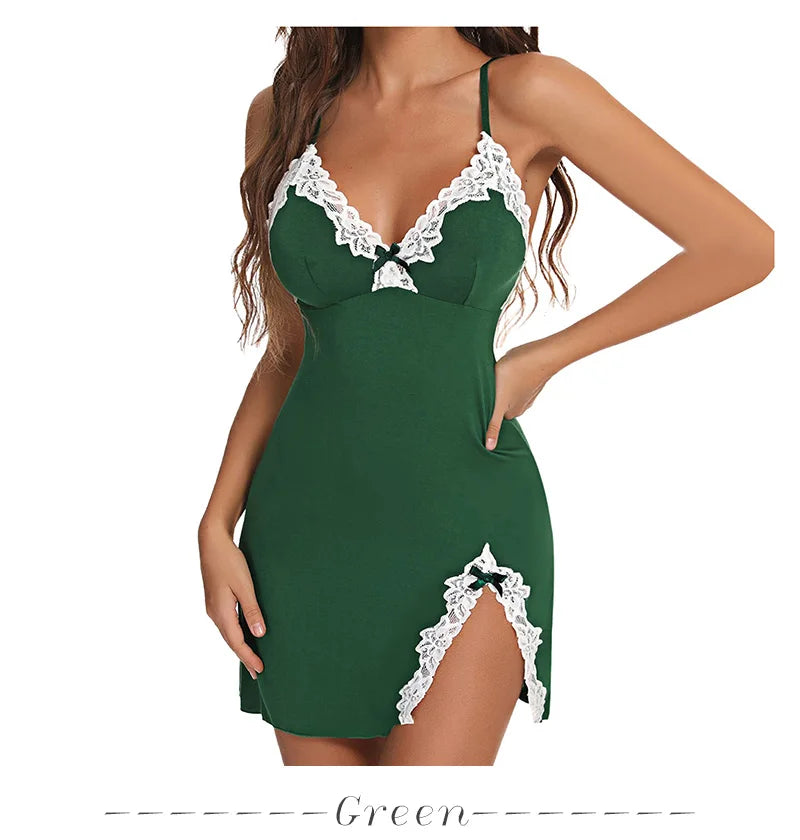 Nuisette Femme Soie Satin Sexy — Sans Manches, Col V, Fente, Lingerie Été