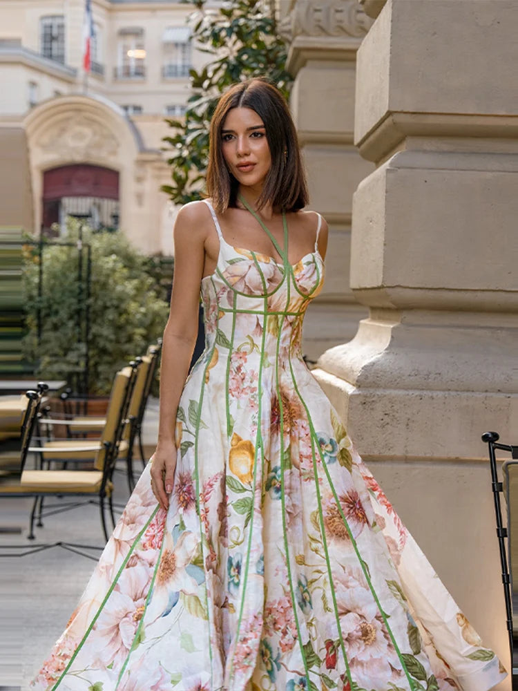 Robe Maxi Halter Corset Imprimé Floral 2026 — Sans Manches, Ligne A, Soirée Élégante