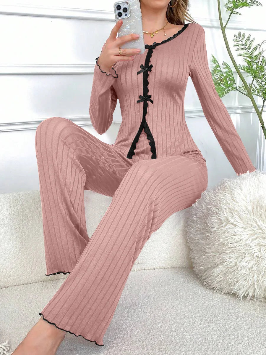 Ensemble Pyjama Femme Hiver — Manches Longues, Col V, Pantalon Long, Chaud & Confortable