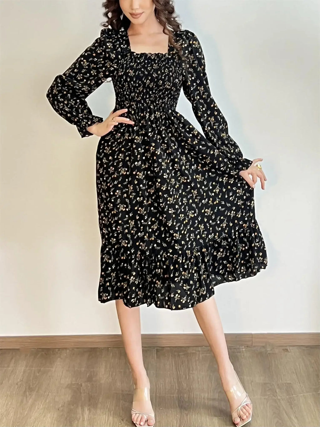 Robe Midi Femme Mousseline Manches Longues — Imprimé Floral Laçage
