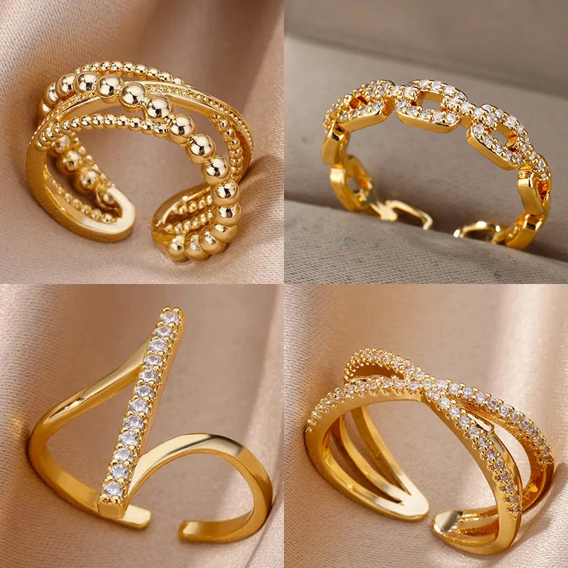 Bague Femme Zircon Géométrique Acier Doré — Ajustable, Luxe Mariage & Soirée 2024