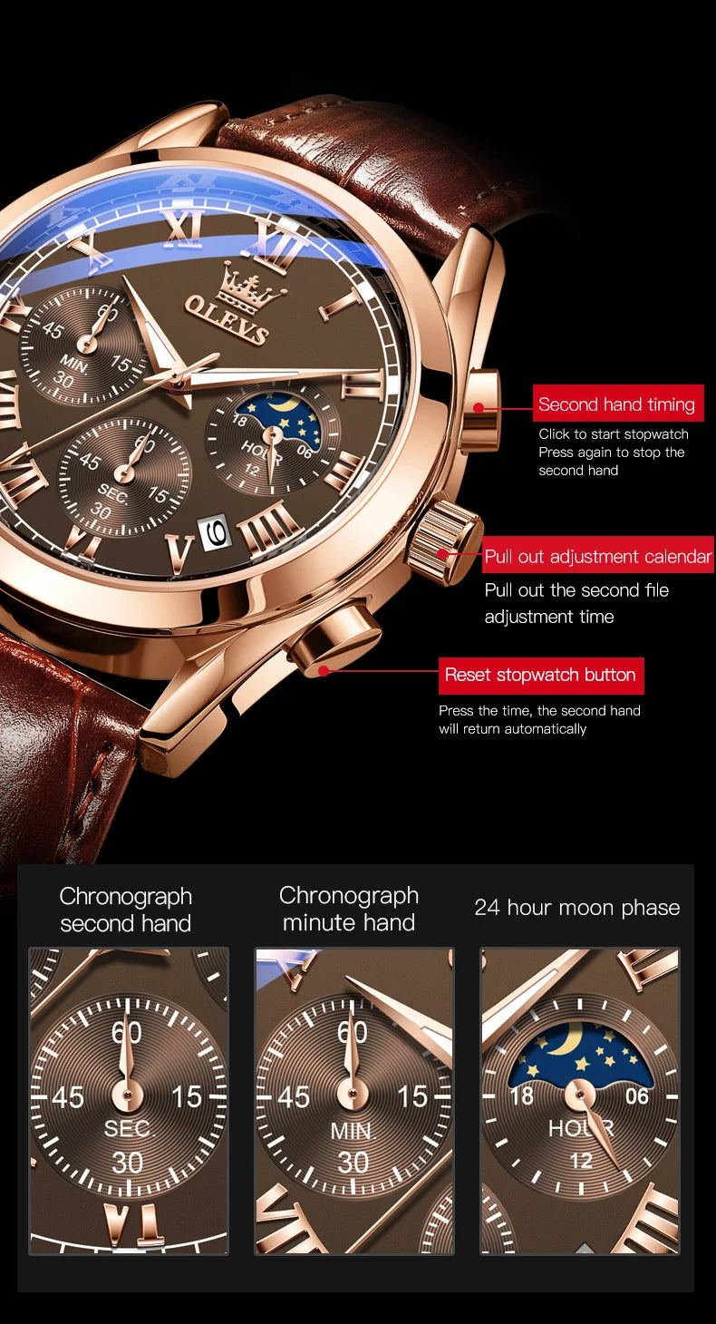 Montre Homme OLEVS 2871 Chronographe Phase de Lune — Étanche, Multifonction, Quartz Luxe