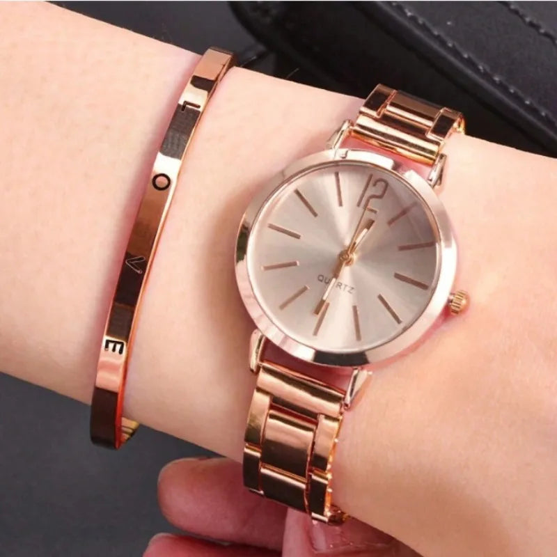 Coffret 2 Montres Femme Luxe — Cadran Simple Creux, Bracelet Or, Quartz Étudiante
