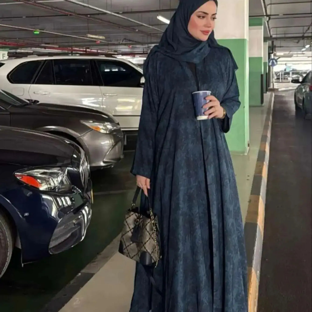 Abaya Longue Manches Longues Femme Musulmane — Robe Imprimée avec Foulard, Moyen-Orient