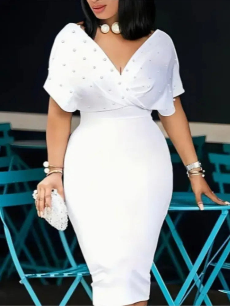 Robe Midi Sexy Col V Moulante — Couleur Unie, Bureau & Soirée, Printemps Été 2025