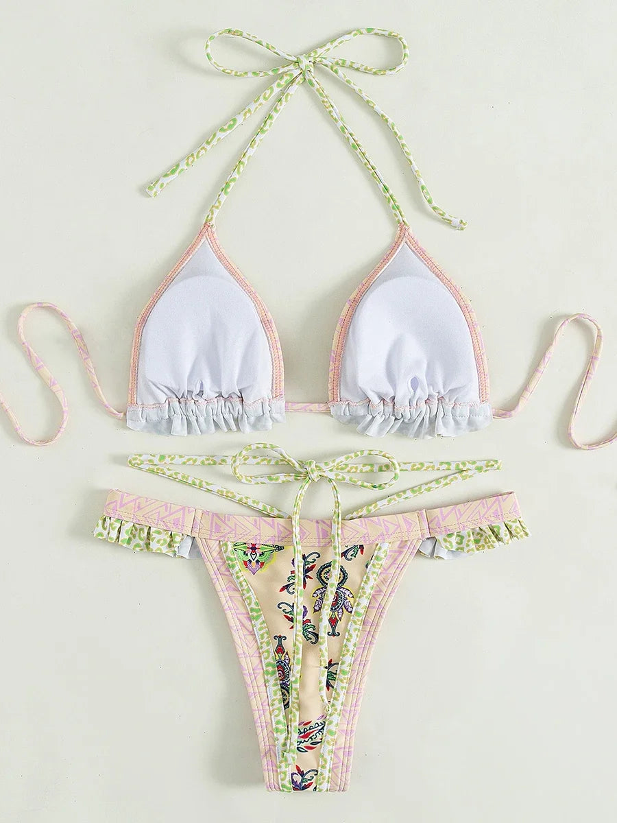 Bikini Halter Floral Volanté Femme — 2 Pièces, Tanga, Maillot de Bain Plage