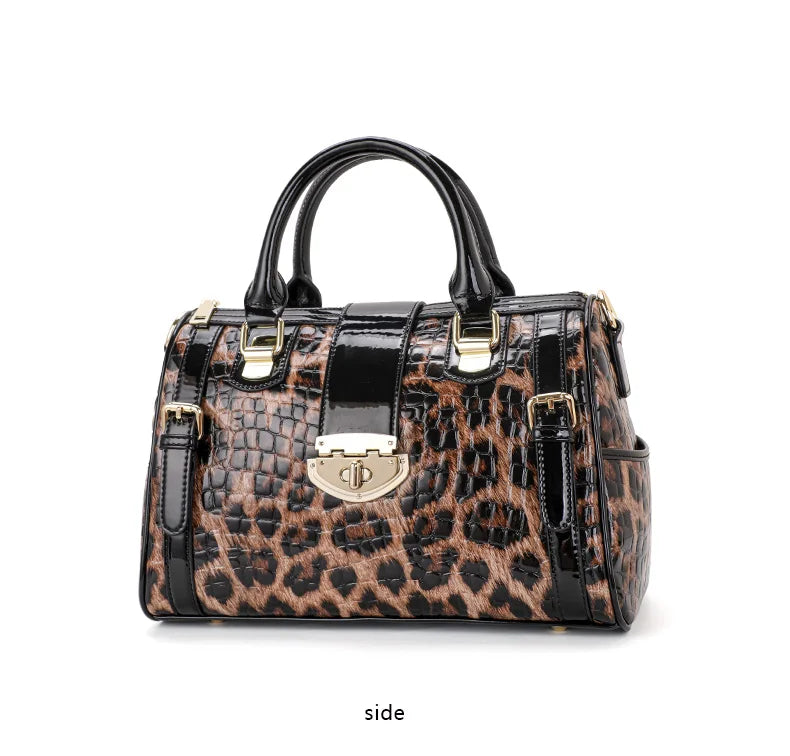 Sac Boston Femme Cuir Véritable Imprimé Léopard — Style Luxe Tendance