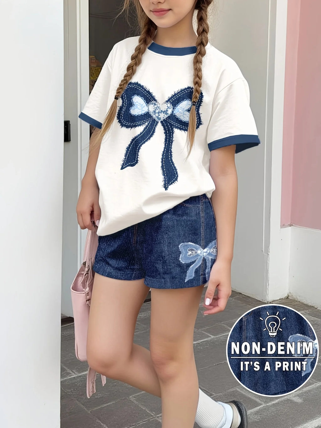 Ensemble 2 pièces filles – T-shirt imprimé nœud & short taille haute effet jean, 8-12 ans