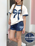 Ensemble 2 pièces filles – T-shirt imprimé nœud & short taille haute effet jean, 8-12 ans
