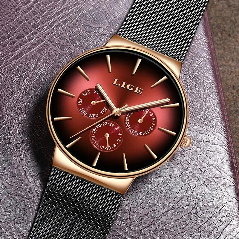 Montre Homme LIGE Luxe Quartz — Maille Acier Ultra-Fine, Étanche, Sport