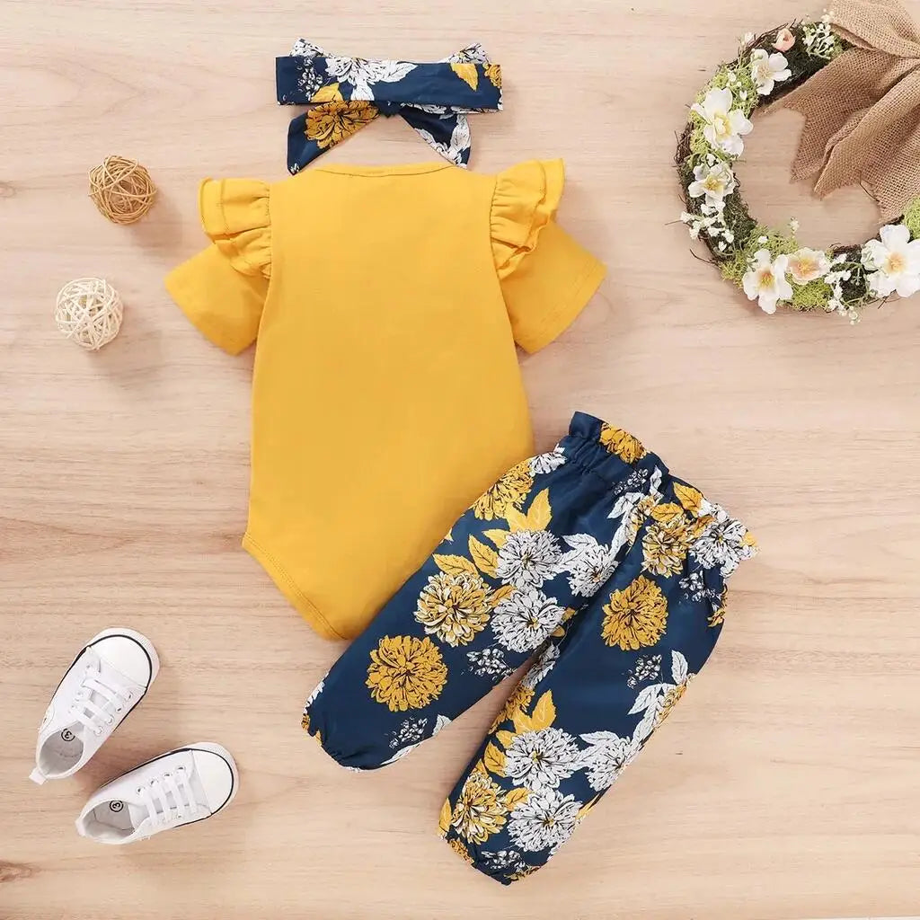 Ensemble Bébé Fille 3 Pièces — Body Manches Courtes, Pantalon Floral & Bandeau