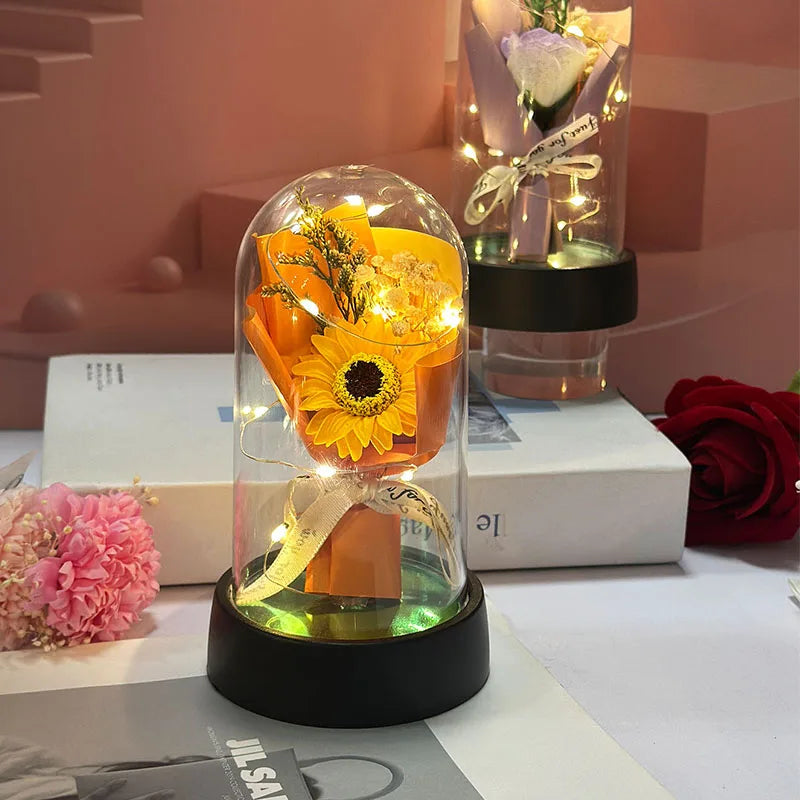 Bouquet Lumineux Tournesol & Rose – Cadeau Fête des Mères / Remise de Diplôme