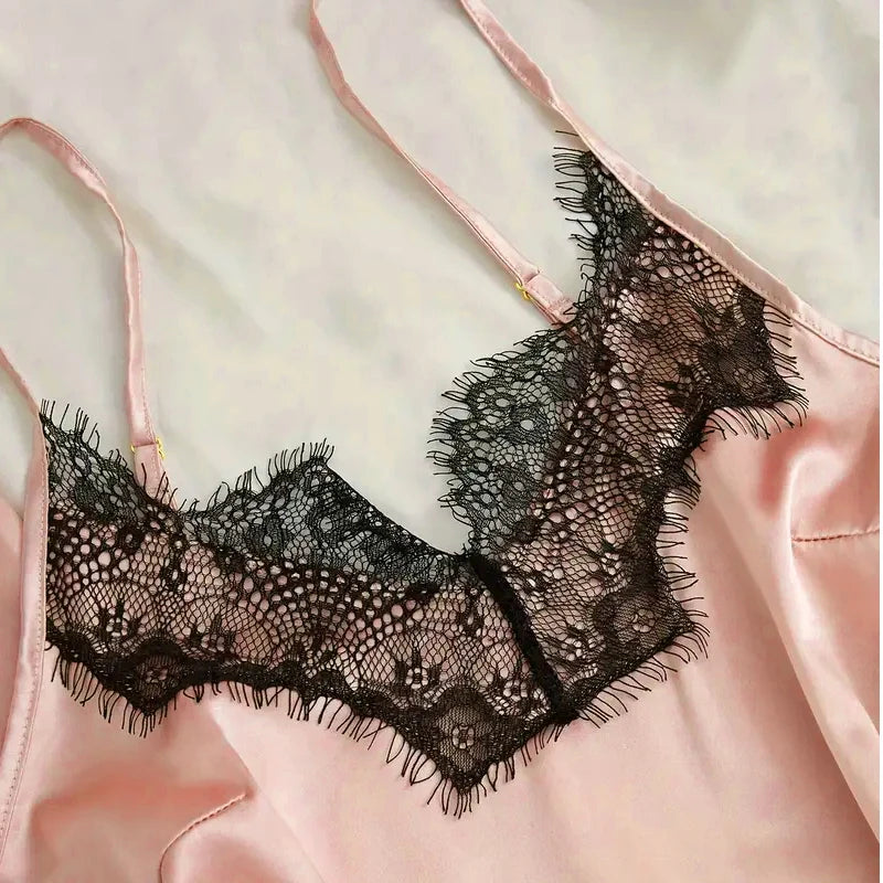 Pyjama Femme Satin Rose Lingerie — Robe de Bain Dentelle, Nuisette & Pantalon