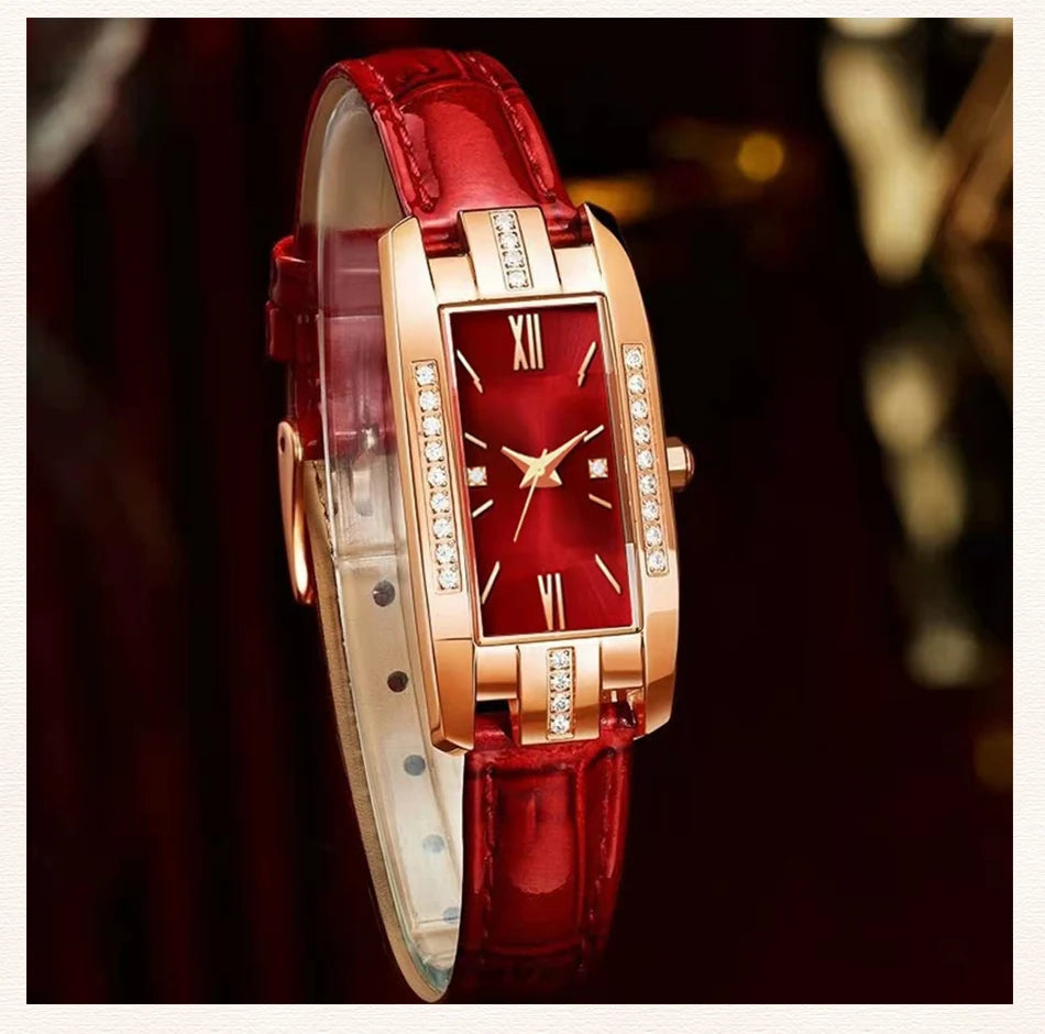 Montre Femme Carrée Quartz — Bracelet Cuir Vert, Cadran Simple, Luxe Fashion