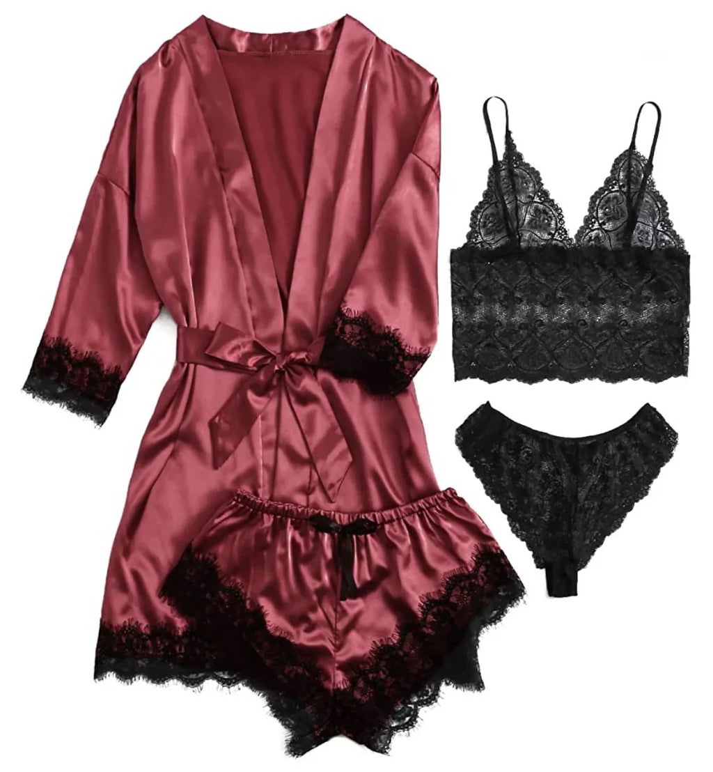 Ensemble Lingerie Femme 4 Pièces Dentelle — Nuisette, Short, Robe de Chambre, Sexy