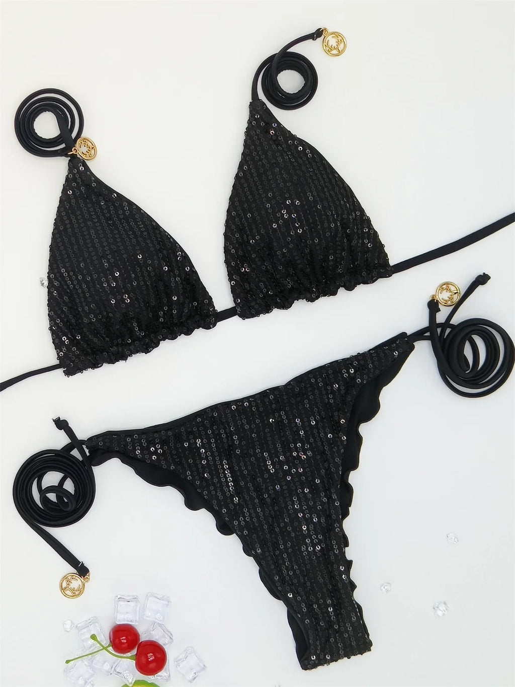 Bikini Paillettes Halter Sexy — Sequins Brillants, Maillot de Bain Femme Plage