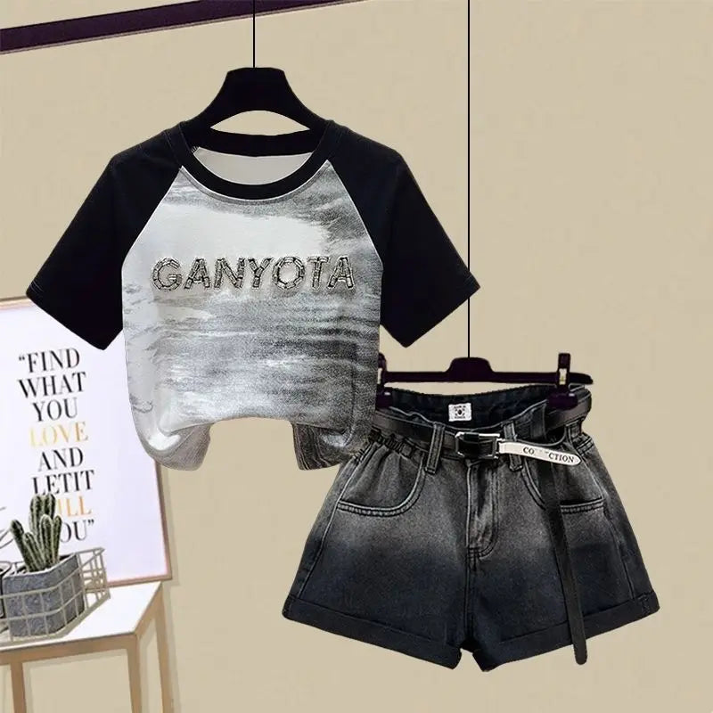 Ensemble 2 pièces filles ado – T-shirt manches courtes & short imprimé lettres, tenue été tendance