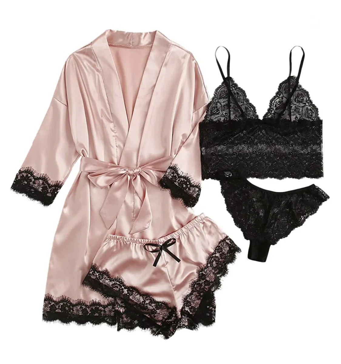 Ensemble Lingerie Femme 4 Pièces Dentelle — Nuisette, Short, Robe de Chambre, Sexy