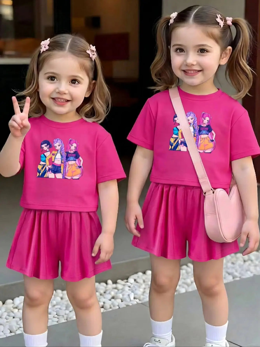 Ensemble 2 pièces filles – T-shirt imprimé cartoon & short à volants, jogging été 1-7 ans