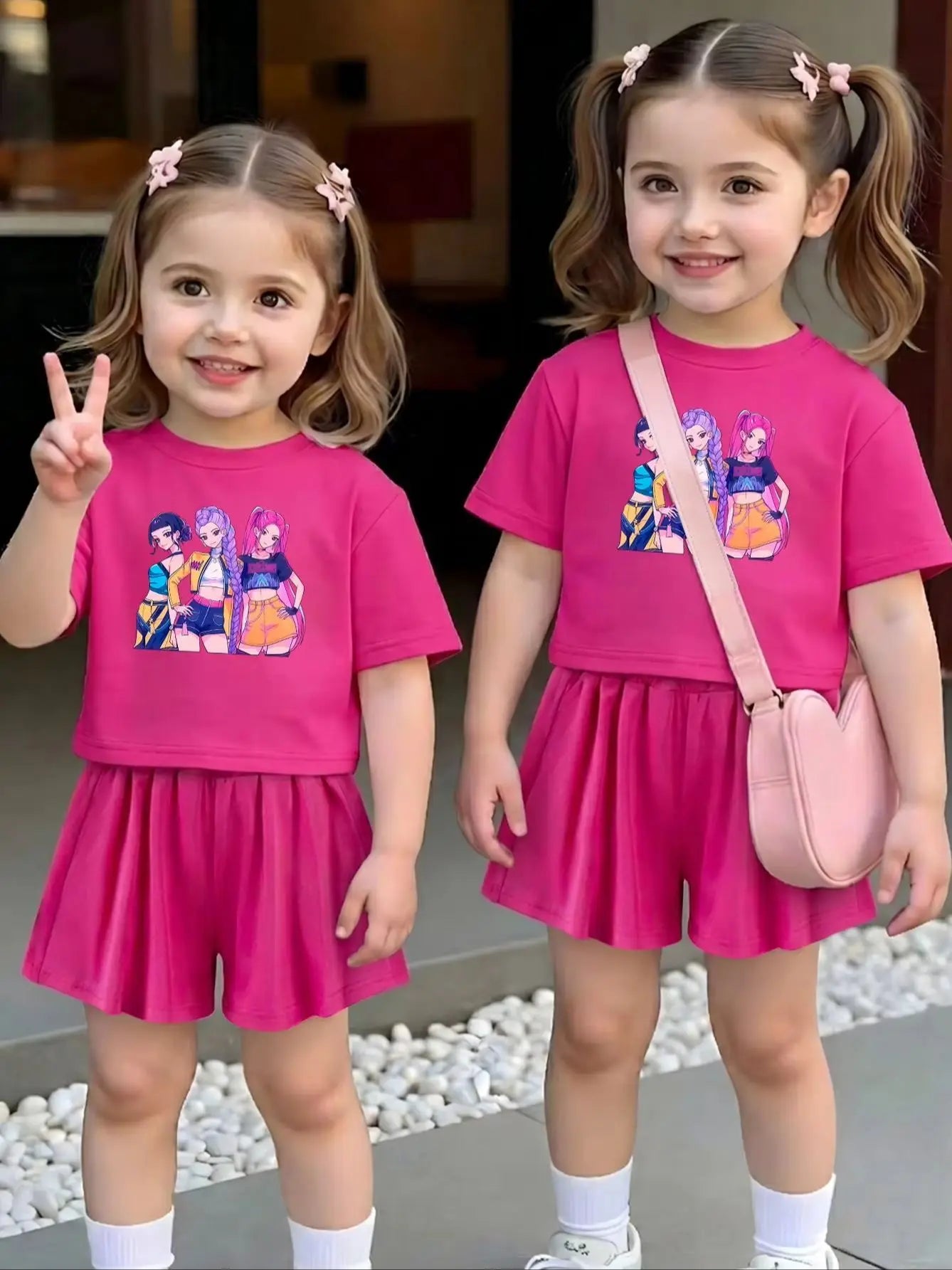 Ensemble 2 pièces filles – T-shirt imprimé cartoon & short à volants, jogging été 1-7 ans