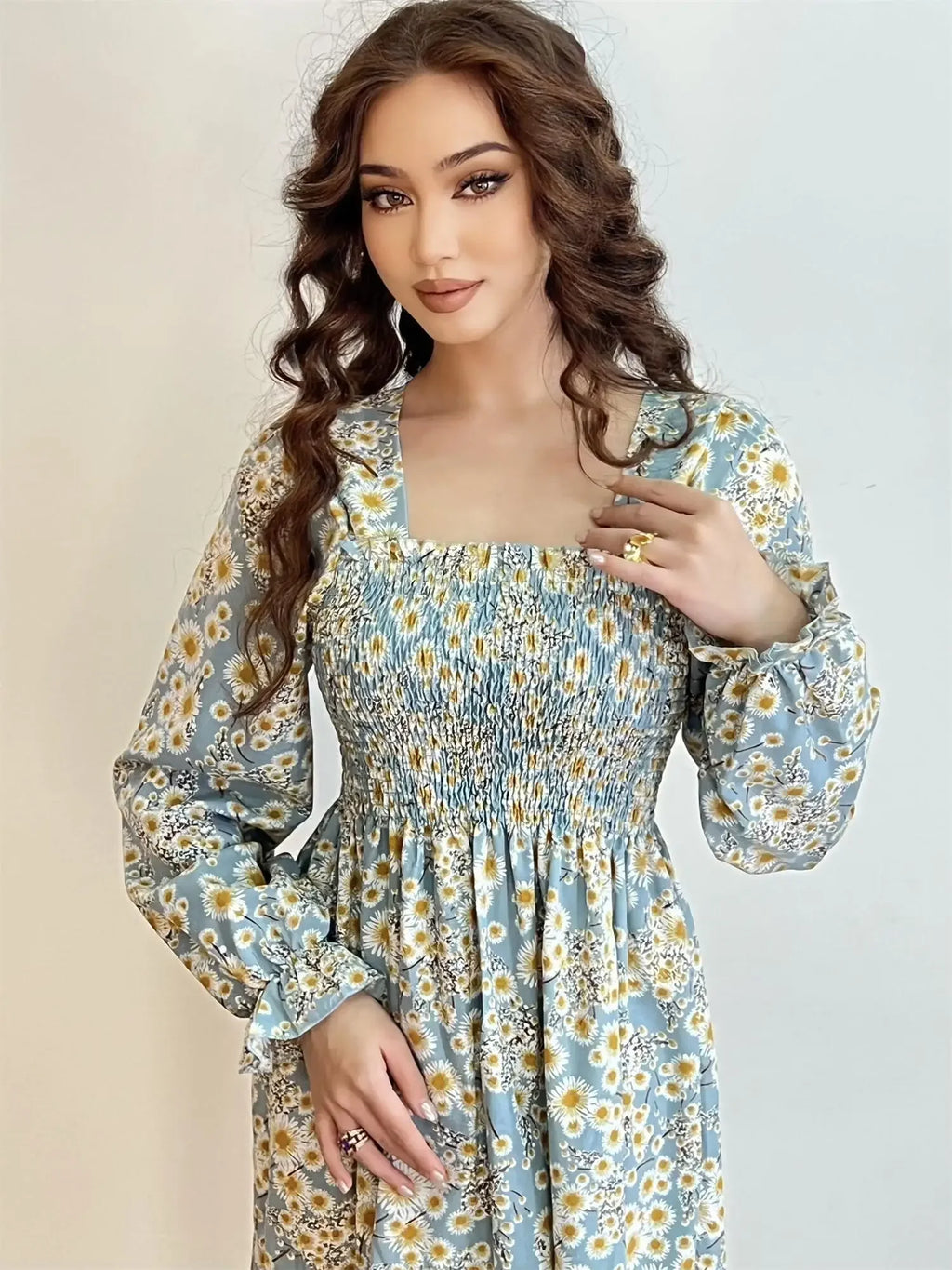 Robe Midi Femme Mousseline Manches Longues — Imprimé Floral Laçage