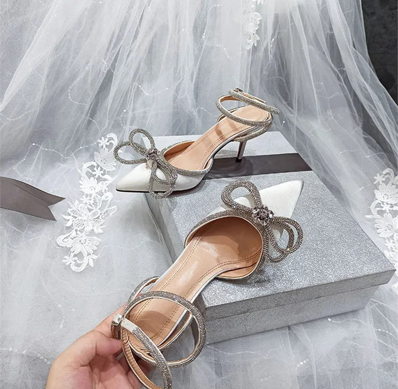 Escarpins Glitter Strass Noeud Soie Talon Fin — Bout Pointu, Boucle, Soirée Prom 2025
