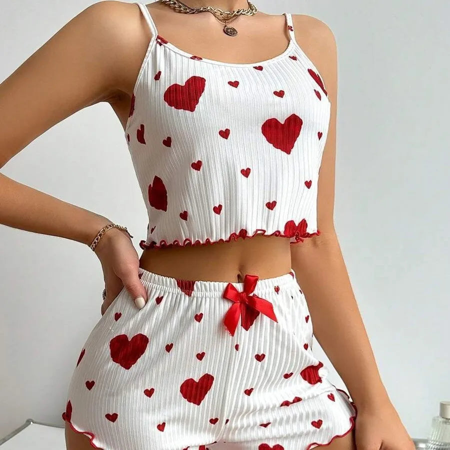Pyjama Femme 2 Pièces Imprimé Cœur — Top Sans Manches & Short, Doux Été