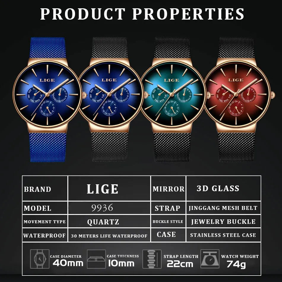 Montre Homme LIGE Luxe Quartz — Maille Acier Ultra-Fine, Étanche, Sport