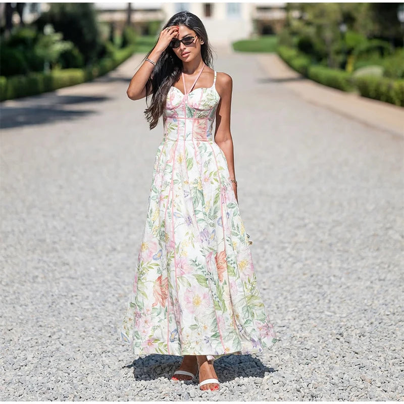 Robe Maxi Halter Corset Imprimé Floral 2026 — Sans Manches, Ligne A, Soirée Élégante