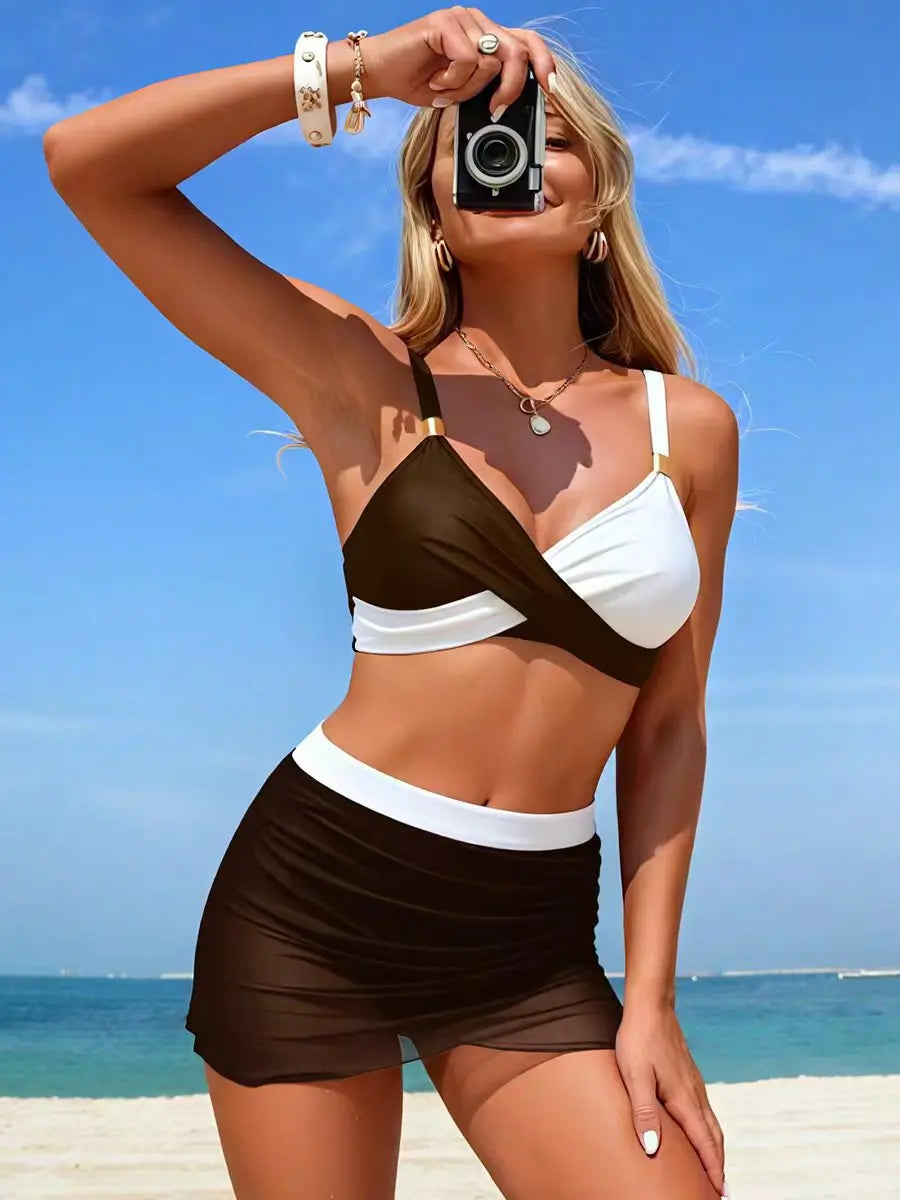 Bikini Vert Patchwork Taille Haute 2026 — 3 Pièces Tankini, Push Up, Jupe Plage