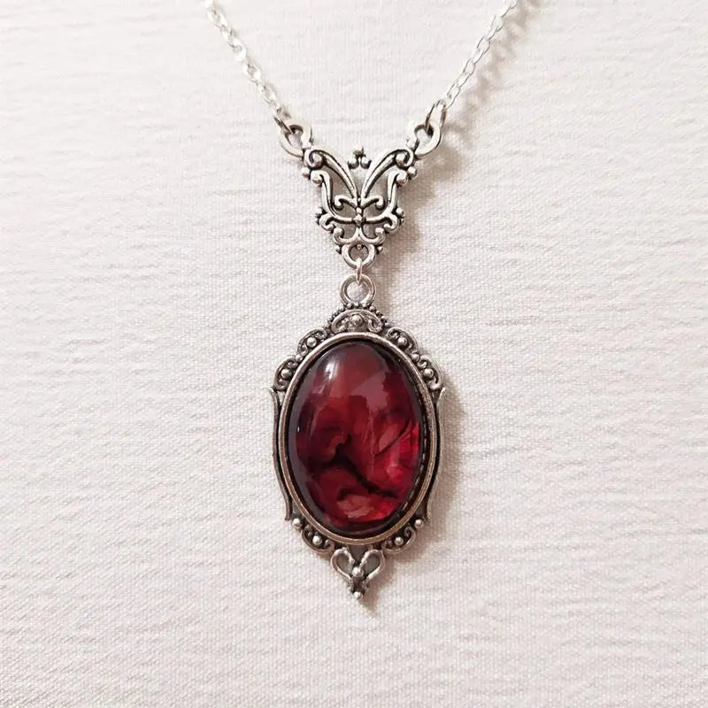 Collier Pendentif Gothique Quartz Rouge — Ovale, Vampire Halloween, Vintage Choker