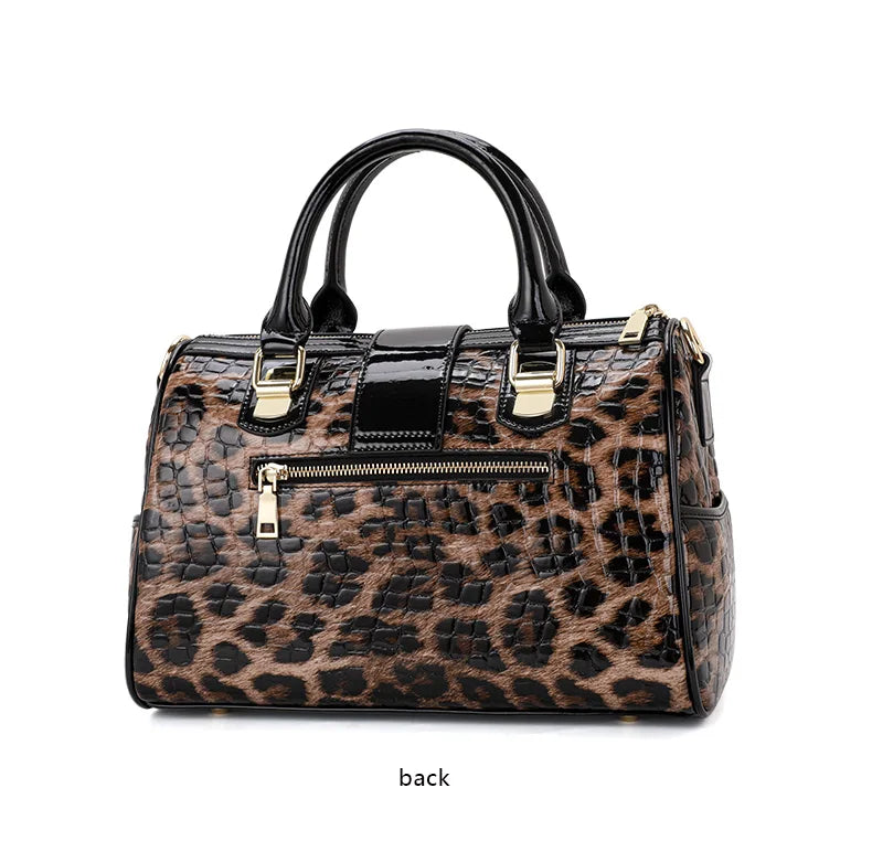 Sac Boston Femme Cuir Véritable Imprimé Léopard — Style Luxe Tendance