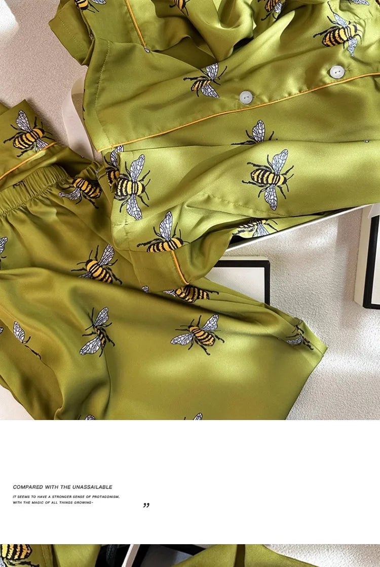 Pyjama Femme 2 Pièces Satin Imprimé — Manches Longues, Poche, Printemps-Automne