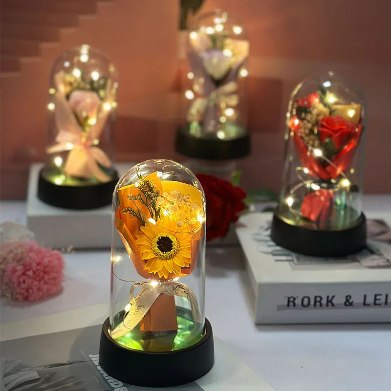 Bouquet Lumineux Tournesol & Rose – Cadeau Fête des Mères / Remise de Diplôme